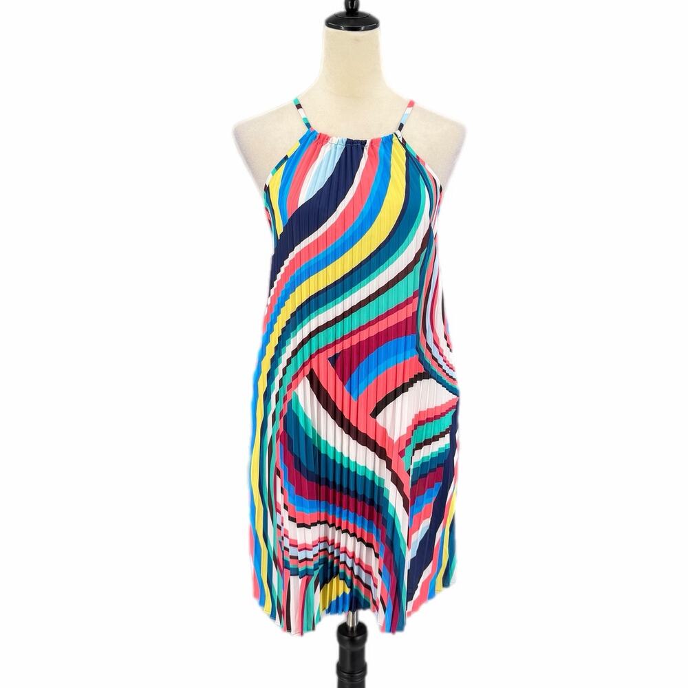 La Blanca Slice Trapeze Multicolor Print Pleated Mini Dress Swim Beach Cover Up